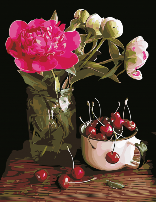 Картина по номерам &quot;Пионы и вишни&quot;,  в кор. 50*65см, ТМ ArtStory Фото
