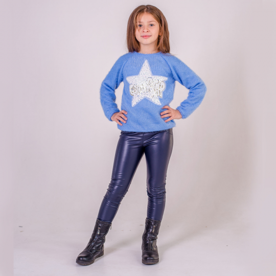Лосины SmileTime для девочки кожаные на велюре Dusty, синие Фото