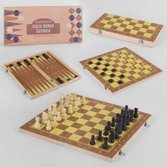 Шахматы С 45026 (36) 3в1, деревянная доска,деревянные шахматы, в коробке