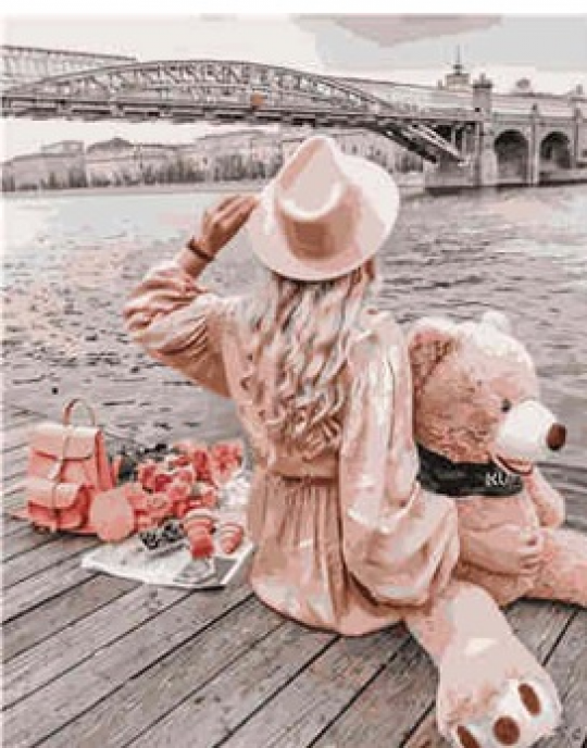 Набір для розпису по номерах VA-1560 &quot;Дівчина з медведем біля мосту&quot;, розміром 40х50 см Фото