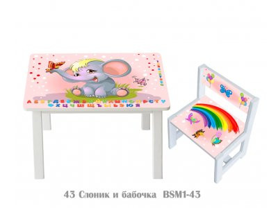 Детский стол и укреплённый стул BSM1-43 Слоник и бабочка