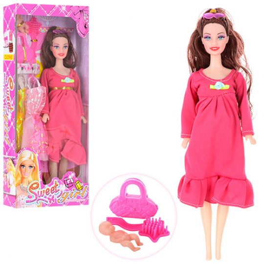 Кукла с нарядом 0308A (96шт) беременная,28см пупс 4см,платья,расческа,сумочка,в кор-ке,33-14-4,5см Фото