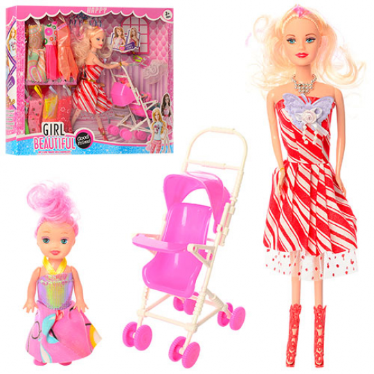 Кукла 661D-2 (48шт)  27см, дочка 10см, платья, коляска, в кор-ке, 38-33-6см Фото