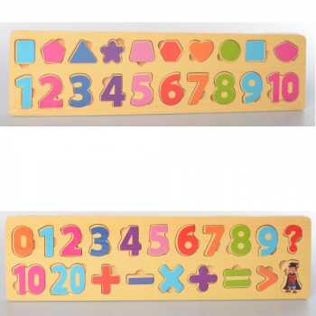 Деревянная игрушка Рамка-вкладыш MD 2216 (100шт) цифры, фигуры, знаки, 2вида, в кульке,42-11-1см