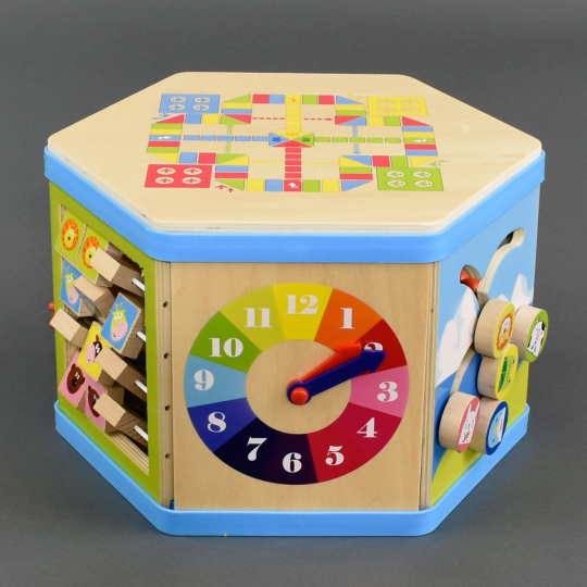 Деревянная игра С 23042 &quot;Куб-логика&quot;, лабиринт, счеты, геометрические фигуры, часы, в коробке Фото