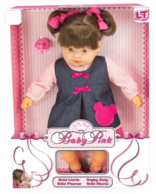 Лялька 45 см, смокче соску та плаче. У джинсовому сарафані і рожевій кофтинці. Фото
