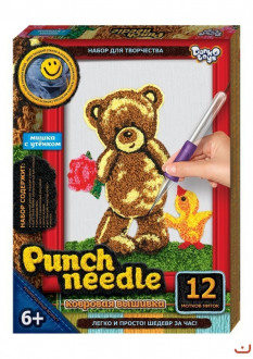 Ковровая вышивка Punch Needle Мишка с цветком с фото вышитой картины