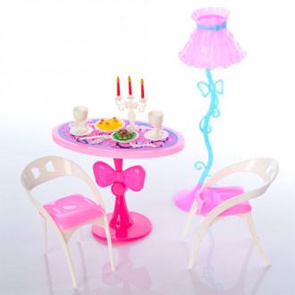 Мебель O1 (240шт) стол, стулья  2шт, стол, торшер, посуда, канделябр, в кульке, 18-16-6см