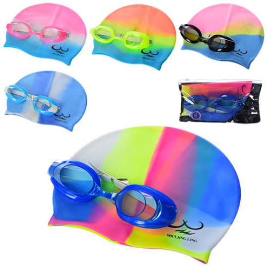 Набор для плавания (шапочка 22*19см, радуга, очки(рег.ремеш.), микс цветов, в пак.22*12*3см(72шт) Фото