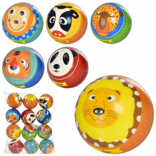 Мяч детский фомовый MS 3483 (360шт) 6,3см, 6видов, животные, упаковка 12шт Фото