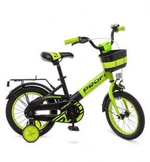 Велосипед детский PROF1 14д. W14115-6 (1шт) Original,зелено-черный (мат),крылья,звонок,доп.колеса