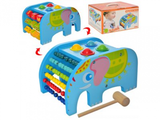 Деревянная игрушка Центр развивающий MD 2263 (18шт) слон,стучалка, счеты, сортер,в кор-ке,29-19-17см Фото
