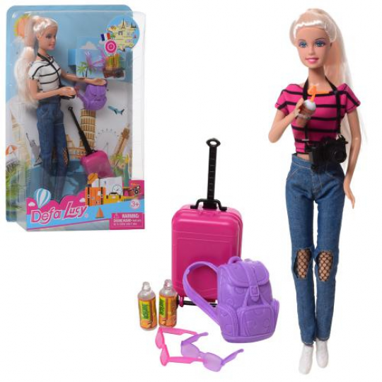 Кукла DEFA 30см, чемодан, рюкзак, фотоаппарат, 2 цвета, в слюде 20,5*32*6см(48шт) Фото