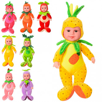 Пупс D25681 (24шт) 33см,мягконабивной,костюм-фрукты/ягоды,зв,микс видов,на бат,в кульке,24-16-13см