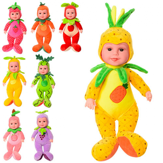 Пупс D25681 (24шт) 33см,мягконабивной,костюм-фрукты/ягоды,зв,микс видов,на бат,в кульке,24-16-13см Фото