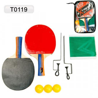 Теннис настольный T0119 (30шт) 2 ракетки + 3 мячика+сетка, в чехле 25*15см