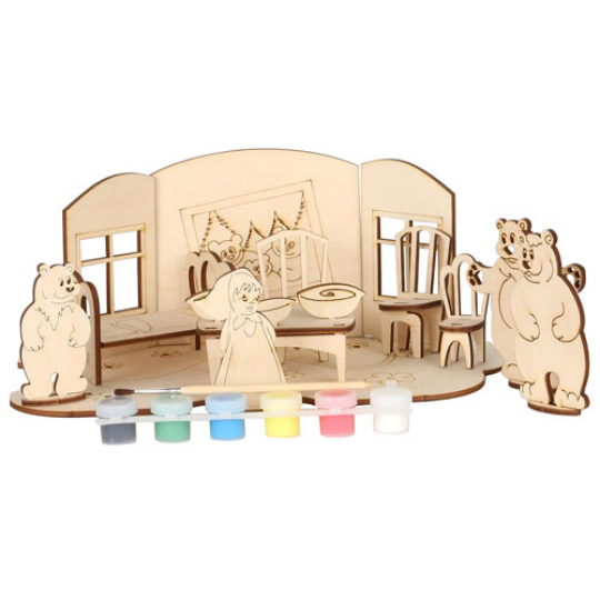 Сборная деревянная модель Маша и три медведя + краски Фото