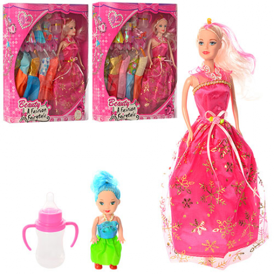 Кукла с нарядом 30A-9 (48шт) 28см, дочка 10см, платья, бутылочка, 3вида, в кор-ке, 30-32-6см Фото