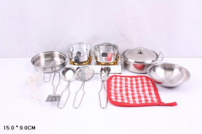 Посуда металл 828-C9 (96шт/3) газ.плита, кастрюли, сковорода, прихватка, черпаки, в сетке 9*15см