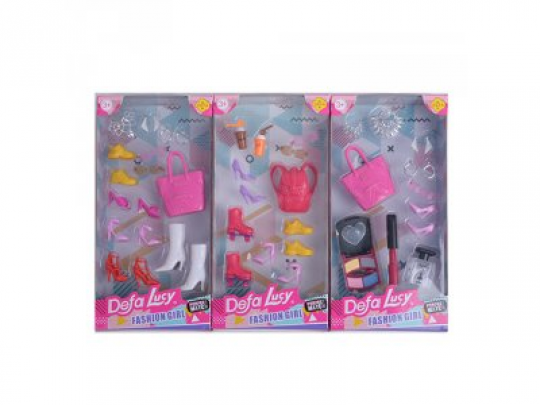 Аксессуары для куклы DEFA 8431 (48шт) обувь, сумочка, очки, 3вида, в кор-ке, 12-23-3см Фото