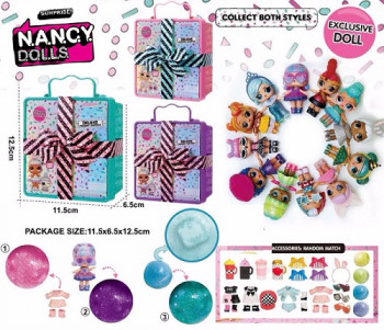 Игровой набор NANCY DOLLS NC2416 3 шара с сюрпризами: кукла, одежда, бомбочка-шипучка, в подарочной пластик уп-ке с лентой 11,5*6,5*12,5см