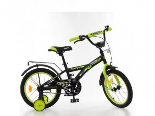 Велосипед детский PROF1 16д. T1637 (1шт) Racer,черно-салатовый,звонок,доп.колеса Фото
