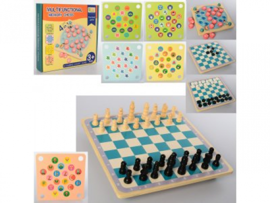 Деревянная игрушка Игра MD 2211 (20шт) 4в1, шашки,шахматы, фишки,карточки,в кор-ке, 25-23-4,5см Фото