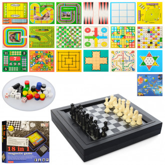 Настольная игра QX7742  18 в 1,игровое поле, 17-17 см, магнитная, шахматы, шашки, фишки