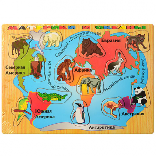 Деревянная игрушка Рамка-вкладыш, карта+животные, в пак. 29,5*21,5*0,5см (144шт) Фото