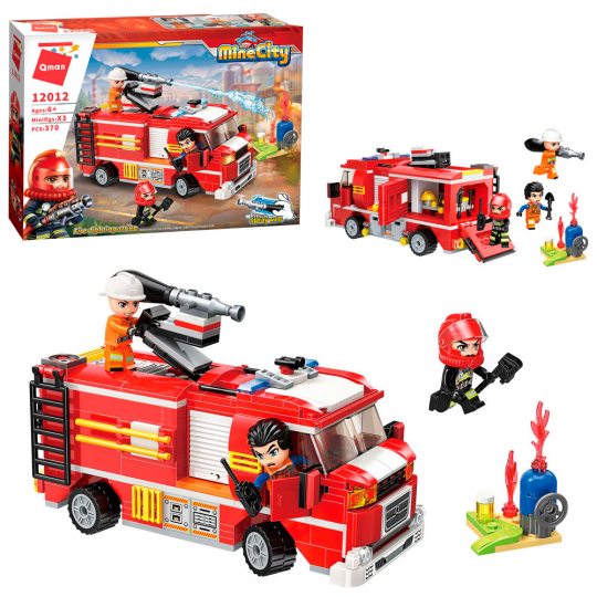 Конструктор Qman 12012 (12шт) пожарная машина, фигурки, 370дет, в кор-ке, 37-28-6,5см Фото