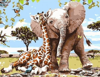 Набір для розпису по номерах VA-1733 &quot;Слоненя та жираф - ліпші друзі&quot;, розміром 40х50 см