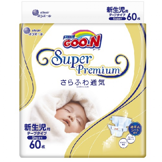 Подгузники GOO.N SUPER PREMIUM для новорожденных до 5 кг (размер NB, на липучках, унисекс,  60 шт) Фото
