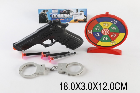 Полицейский набор 688-10 (336шт/2) пистолет, наручники, присоски, мишень, в пакете 18*3*12см Фото