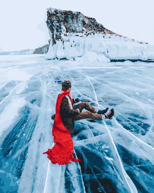 Картина по номерам 40*50 Красный шарф на льдине байкала Фото