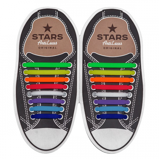 Силиконовые  шнурки AntiLaces Stars, 56,5 мм, 12 шт, радуга Фото