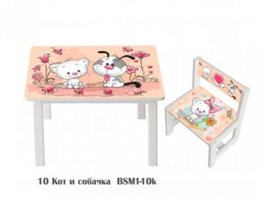 Детский стол и укреплённый стул BSM1-10k cat and dog - кот и собачка (котик) Фото