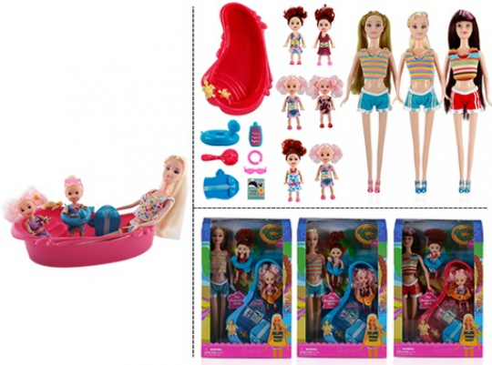 Кукла типа &quot;Барби&quot; 3 вида, 2 ребенка, ванночка, круг для плавания, очки, акс., в кор.20*6*33см(24шт) Фото