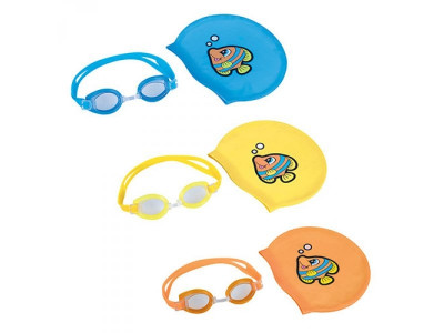 BW Набор для плавания 26026 (24шт) очки, шапочка 20-17,5см, от 3 до 6лет, 3 цвета, в чехле, 17-6-5см