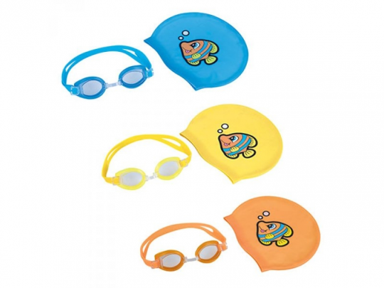 BW Набор для плавания 26026 (24шт) очки, шапочка 20-17,5см, от 3 до 6лет, 3 цвета, в чехле, 17-6-5см Фото