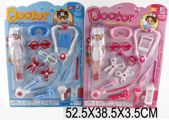 Доктор 015-E4 (60шт/3) 2 вида, кукла, стетоскоп, шприц, термом, очки, ножницы, на планш. 39*4*53см Фото
