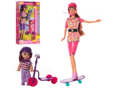 Кукла DEFA 8191 (24шт) 30см, с дочкой 10см, самокат, скейт, 2 вида, в кор-ке, 20-34,5-6см