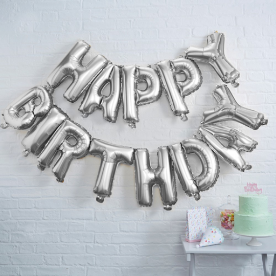 Гирлянда-растяжка надувная из шаров Happy Birthday фольга серебро Фото
