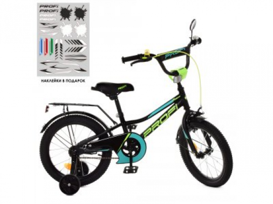 Велосипед детский PROF1 16д. Y16224 (1шт) Prime, черный (мат),звонок,доп.колеса Фото