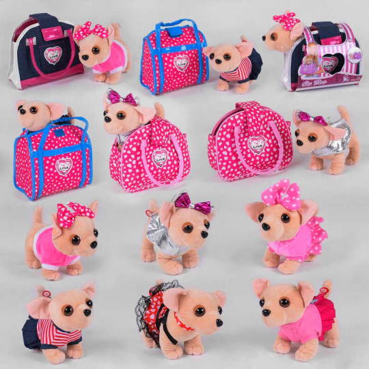Мягкая Собачка в сумке C 43977 (100) 6 видов собачек, 3 вида сумочки,собачка на батарейках, гавкает, в картонной рамке Фото
