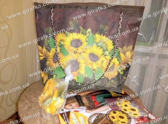 Набор для вышивки сумки лентами Подсолнухи - фото набора внутри и результата Фото