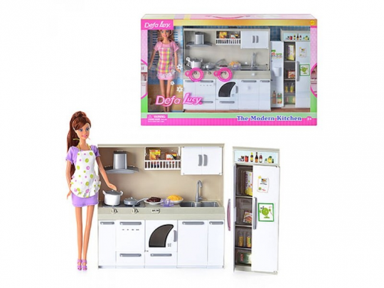 Кукла DEFA 6085 (12шт) кухня, продукты, посуда, 2 вида, свет, в кор-ке, 50-32-9см Фото