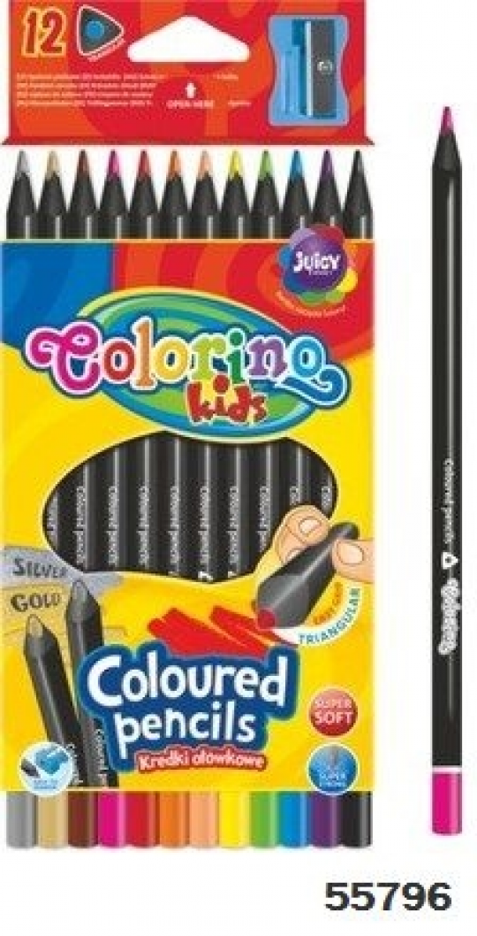 Карандаши цветные, треугольные + точилка, 12 цветов, черное дерово, ТМ Colorino Фото