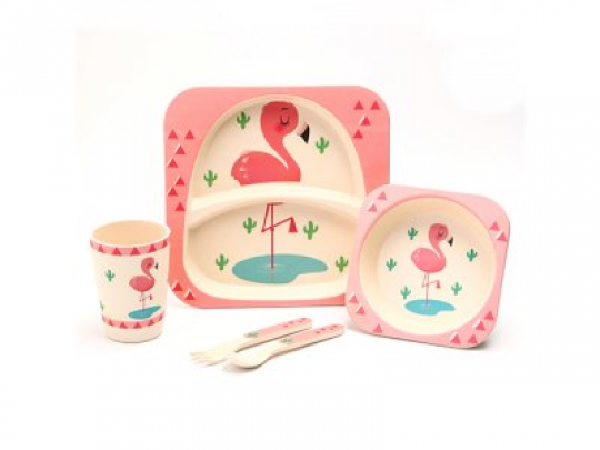 Посуда детская бамбук &quot;Фламинго&quot; 5пр/наб (2тарелки, вилка, ложка, стакан) MH-2770-20 (12шт) Фото