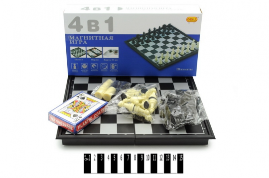 Шахматы магнитные, 4-в-1 (шахматы, шашки, нарды), в кор. 25*25*2,2 см. /60/ Фото