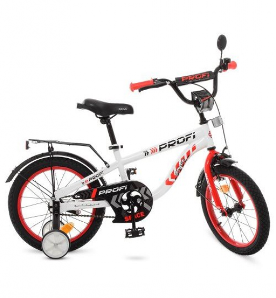 Велосипед детский PROF1 16д. T16154 (1шт)Space,бело-красный,звонок,доп.колеса Фото